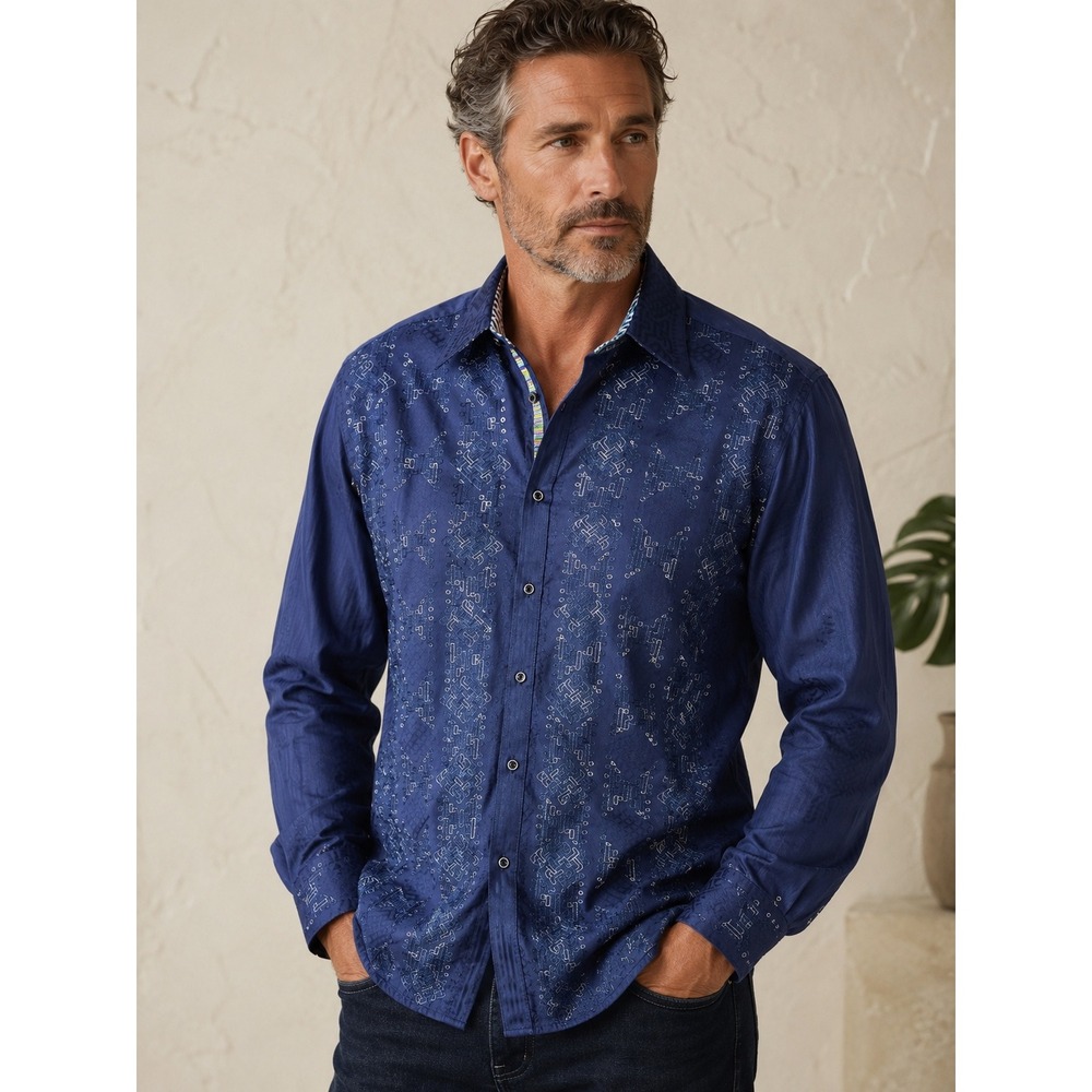 Robert Graham Men XL Dark Blue Embroidered Button Down Shirt Luxury Plaid Cuffs